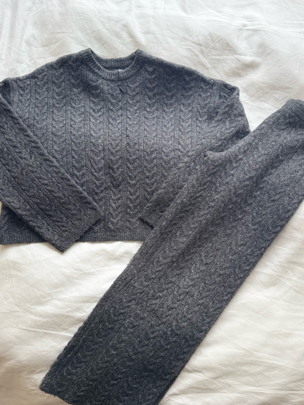 Zara Charcoal Cable-Knit Crew & Knit Pants Set